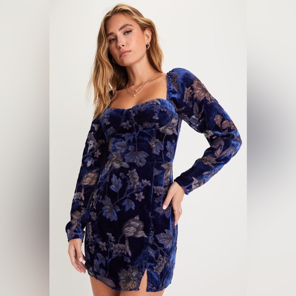 Lulus Dresses & Skirts - Lulus Simply Decadent Navy Floral Velvet Burnout Bustier Minu Dress size XL NWT
